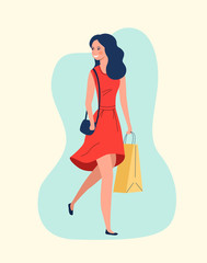Young female  with shopping bags isolated. Vector flat style illustration.