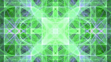 Abstract fractal background made out of an intricate large central star with decorative beams, arches, rings, all in a square grid in shining colors.