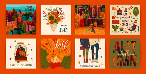 Set of cute autumn illustrations. Vector templates