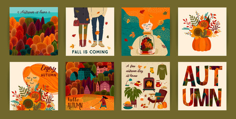 Set of cute autumn illustrations. Vector templates