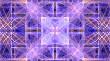 Abstract fractal background made out of an intricate large central star with decorative beams, arches, rings, all in a square grid in shining colors.