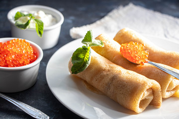 pancakes with ice cream and jam