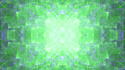 Abstract fractal background made out of   an intricate large central star with decorative beams, arches, rings and rectangular tiles in shining green,violet
