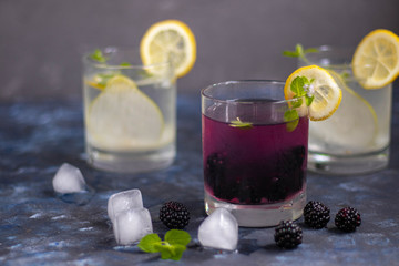 Blackberry tincture in a transparent glass. Ice cubes and pieces of fruit are also in the middle of the dishes. All on a dark background. Slices of lemon and mint leaves serve. 