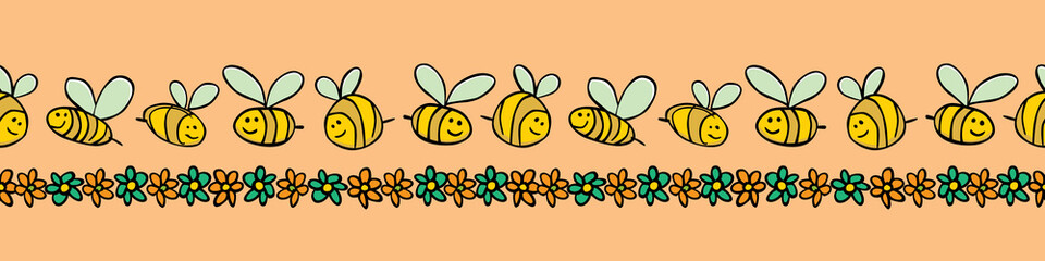 Vector pastel orange bees and flowers stripes horizontal border pattern. Suitable for gift wrap, textile and wallpaper.