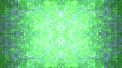 Abstract fractal background made out of   an intricate large central star with decorative beams, arches, rings and rectangular tiles in shining green,violet