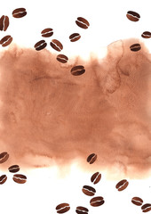 Coffee beans with brown background watercolor hand painting.