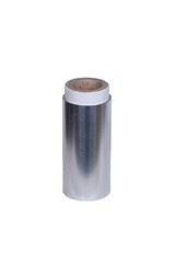 Photo of aluminum foil silver roll on white background
