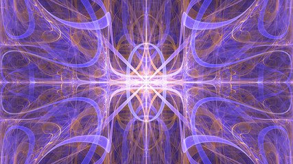 Abstract fractal background made out of   an intricate large central star with decorative beams, arches, rings and rectangular tiles in shining purple,orange