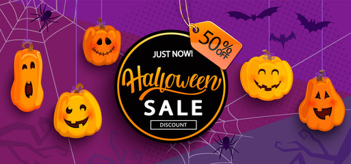 Halloween Banner for Sale with 50 percent discount for Happy holiday with monster pumpkins,bat, spiders. Template for web,poster,flyers, ad,promotions,blogs,social media,marketing.Vector illustration.