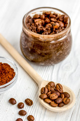 handmade coffee-cocoa scrub on wooden background close up