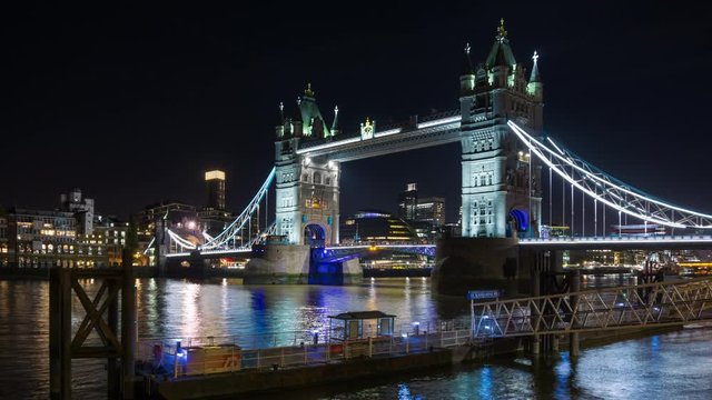 View from St. Katharine's Pier to Tower Bridge on the Thames River. Time lapse, London,UK.