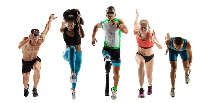 Creative collage of photos of 5 models running and jumping. Ad, sport, healthy lifestyle, motion, activity, movement concept. Male and female sportsmans of different ethnicities. White background.