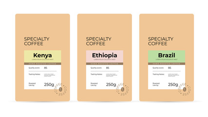 Set of labels for hand roasted Specialty Coffee. Branding and packaging design for coffee beans. Modern design concept of emblem, sticker,logo brand. Isolated template  for pack, advertisement, prints