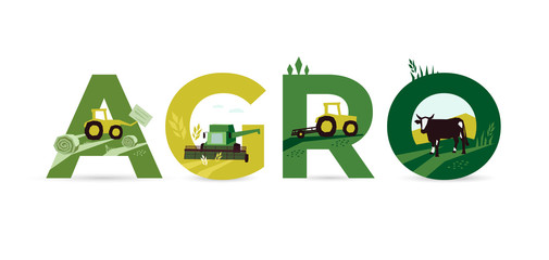 Letters AGRO with Illustrations of agriculture, tractor, farm land, cow, hayfield, haystack rolls, livestock, harvest, combine harvester. Template for banner, annual report, prints,flyer, booklet, web - obrazy, fototapety, plakaty