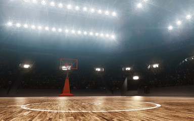 Empty professional basketball arena. Floodlit background