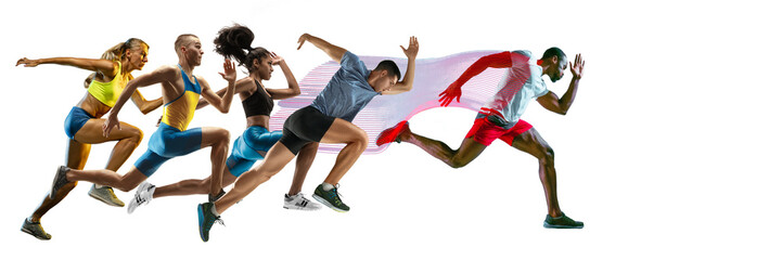 Creative collage of photos of 5 models running and jumping. Ad, sport, healthy lifestyle, motion, activity, movement concept. Male and female sportsmans of different ethnicities. White background. - obrazy, fototapety, plakaty