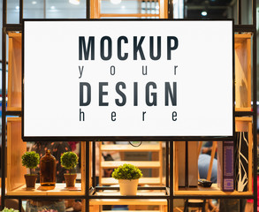 Smart Tv Mockup on stand. Blank white screen tv  interior mock up, front view