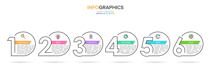 Concept of arrow business model with 6 successive steps. Five colorful rectangular elements. Timeline design for brochure, presentation. Infographic design layout.