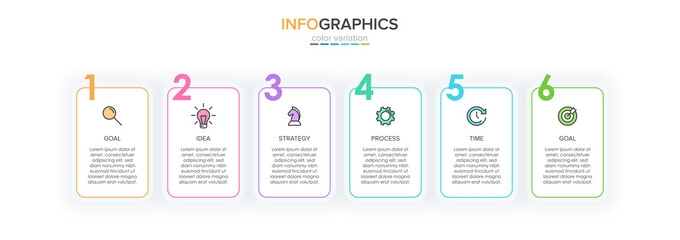 Concept of arrow business model with 6 successive steps. Five colorful rectangular elements. Timeline design for brochure, presentation. Infographic design layout.