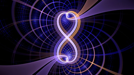 Abstract fractal background made out of interconnected spirals creating an infinity symbol in the middle, all in shining purple,yellow