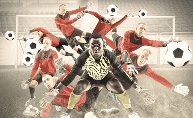 Creative collafe of male football or soccer goalkeepers of different ethicities. Catching ball while playing soccer. Collage made of different photos of 2 people. Concept of sport, action, motion.