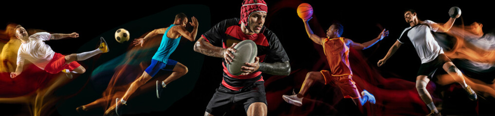Creative collage of photos of 5 models on black in mixed light. Advertising, sport, healthy...