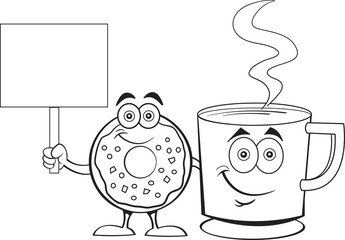 Black and white illustration of a happy donut standing next to a cup of coffee while holding a sign.