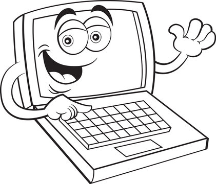 Black and white illustration of a happy laptop computer waving.