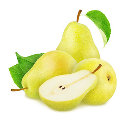 Composition with whole and cutted yellow pears isolated on a white background.