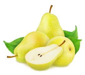 Composition with whole and cutted yellow pears isolated on a white background.