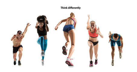 Creative collage of photos of 5 models running and jumping. Ad, sport, healthy lifestyle, motion, activity, movement concept. Male and female sportsmans of different ethnicities. White background.