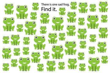 Find sad frog, education puzzle game for children, preschool worksheet activity for kids, task for the development of logical thinking and mind, vector illustration