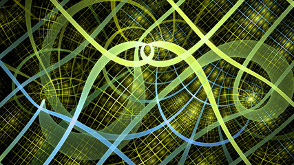 Abstract fractal background made out of interconnected spirals creating an infinity symbol in the middle, all in shining yellow green,blue