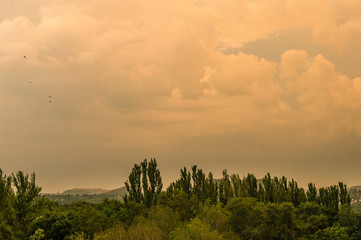 Landscape with dramatic light - beautiful golden sunset with saturated sky and clouds.