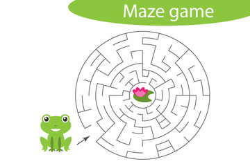 Labyrinth game, help the cute frog to find a way out of the maze, cute cartoon character, preschool worksheet activity for kids, task for the development of logical thinking, vector illustration
