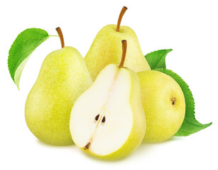 Composition with whole and cutted yellow pears isolated on a white background.