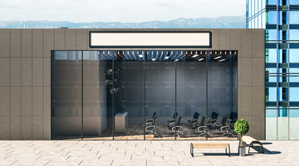White blank signboard on one-storeyed building with modern auditorium.