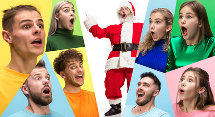 Multicolored portraits of young people. Emotions, facial expression. Wondered, astonished, screaming, crazy in happiness. Creative collage made of different photos of 9 models. Waiting for Santa.
