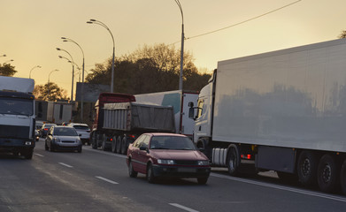 Traffic jam on the two-way intercity road caused by an accident. Ukraine.