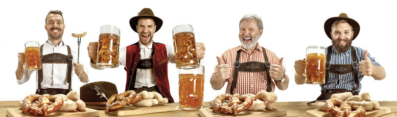 Upper Bavaria. Collage of happy men with beer and meat dressed in traditional Austrian or Bavarian...