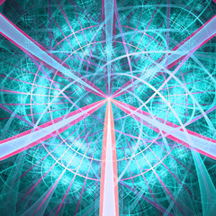 Abstract fractal background made out of an intricate large central star with decorative beams, arches, rings and rectangular tiles in shining turquoise,pink