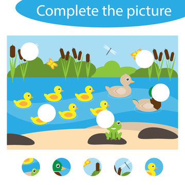 Complete the puzzle and find the missing parts of the picture, pond fun education game for children, preschool worksheet activity for kids, task for the development of logical thinking, vector