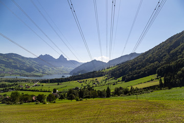 Electricity pylons in field in Switzerland. View on the mountains