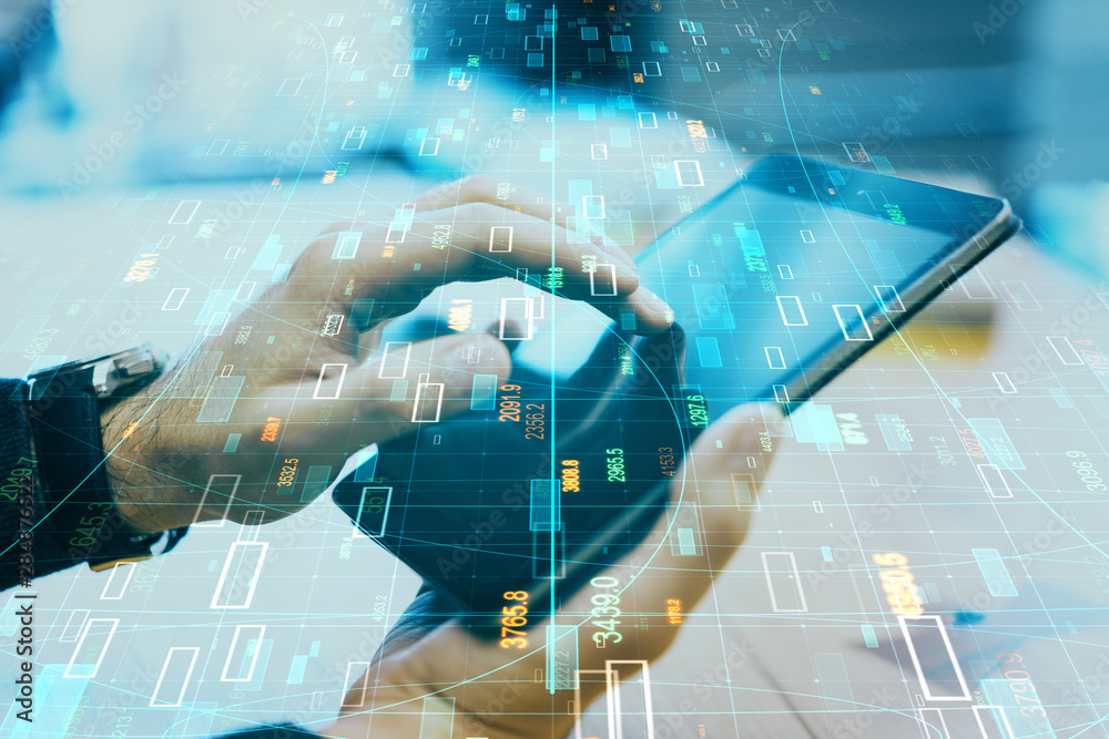 Poster hands using touchpad with big data