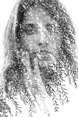 Double exposure close up of a young natural beauty combined with a healthy tree whose leaves blend seamlessly into her healthy being, black and white