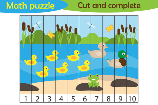 Math puzzle, pond with ducks in cartoon style, education game for development of preschool children, use scissors, cut parts of the image and complete the picture, vector illustration