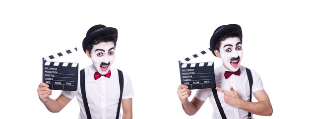 Man with movie clapper isolated on white