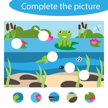 Complete the puzzle and find the missing parts of the picture, pond fun education game for children, preschool worksheet activity for kids, task for the development of logical thinking, vector