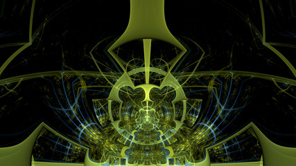 Abstract fractal background made out of intricate pattern of interconnected rings, arches and geometric patterns in glowing greenyellow, blue